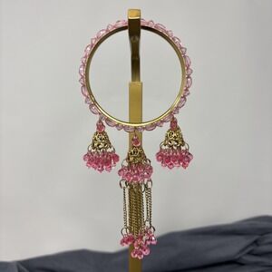 Vintage Pink Beaded Bangle Bracelet w/ Gold Dangles Indian Bollywood Style‎
